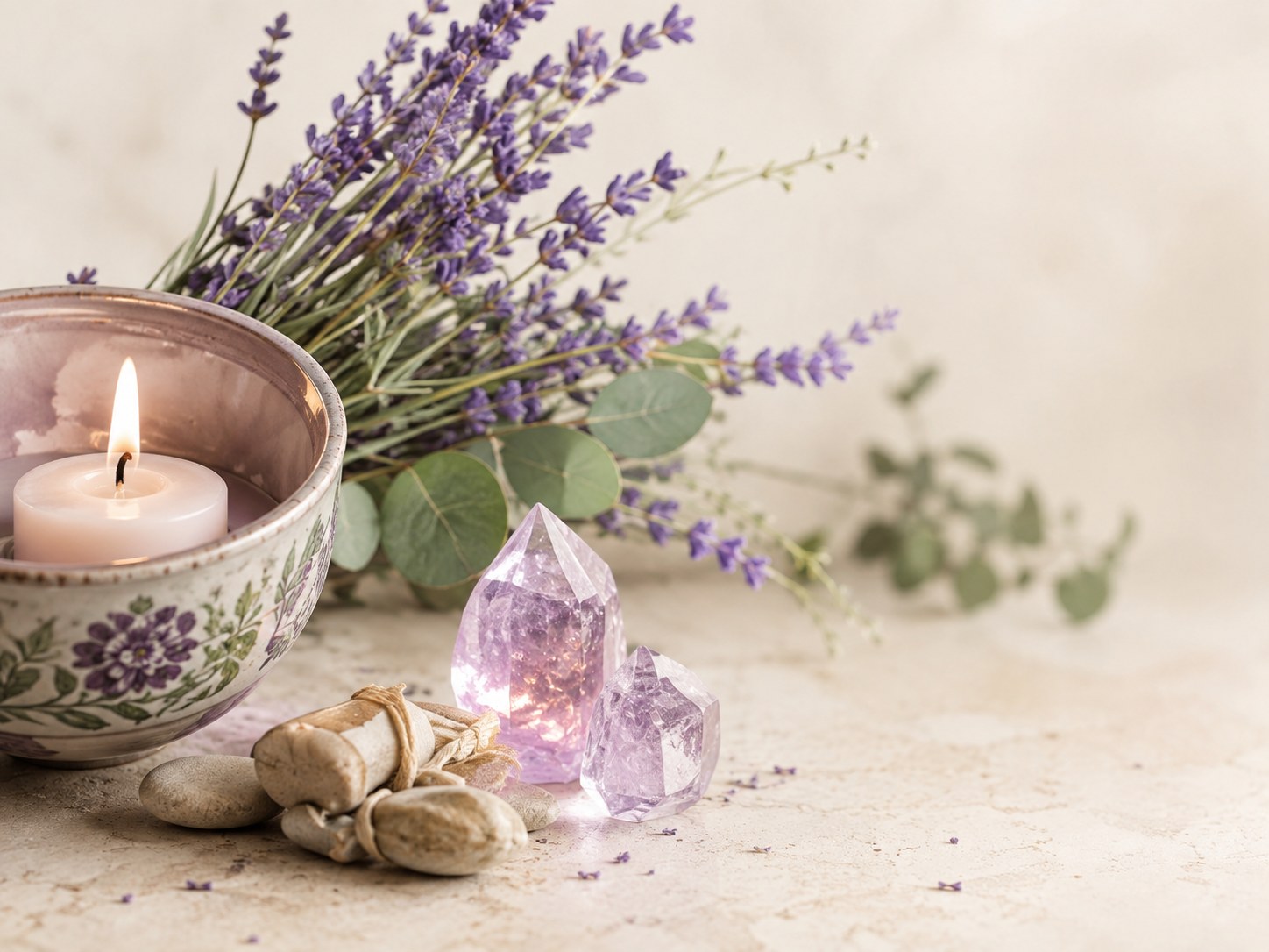 Lavanda, vela y cristales
